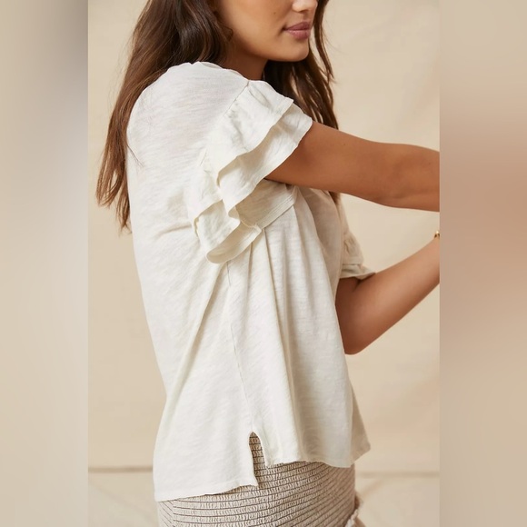 Anthropologie Pilcro Heritage Femme Tee XL ivory cream ruffle sleeve t-shirt top - Picture 14 of 15